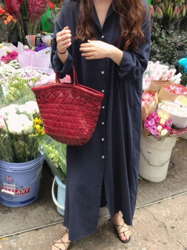 Casual Ramie Cotton Solid Color Buttoned Lapel Collar Long Sleeves Midi Shirt Dress