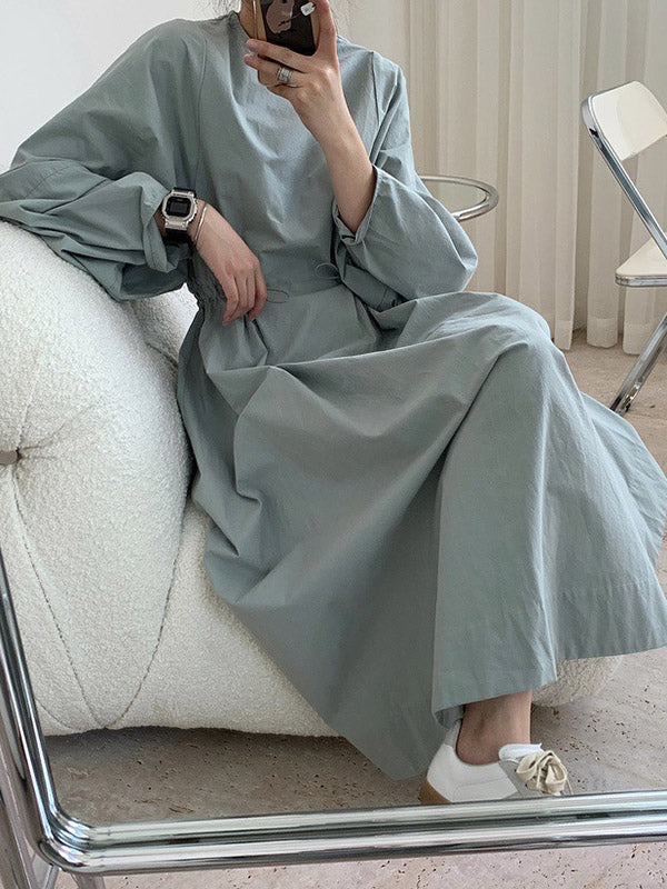 Simple Solid Color Round-Neck Pleated Long Sleeves Midi Dress