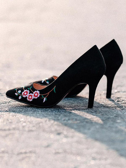 Pretty Embroidered Floral High Heels