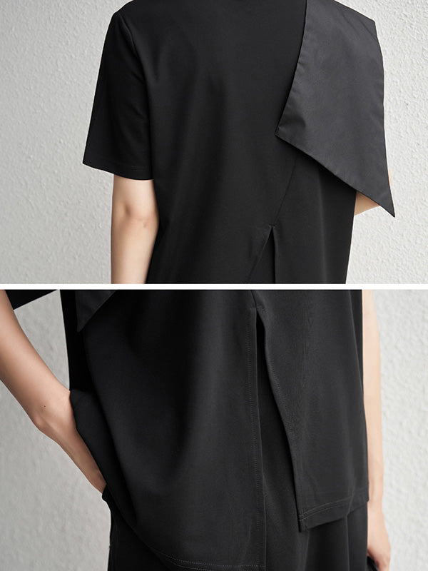 Stylish Black Split-Front Asymmetric Split-Joint Short Sleeves T-Shirts