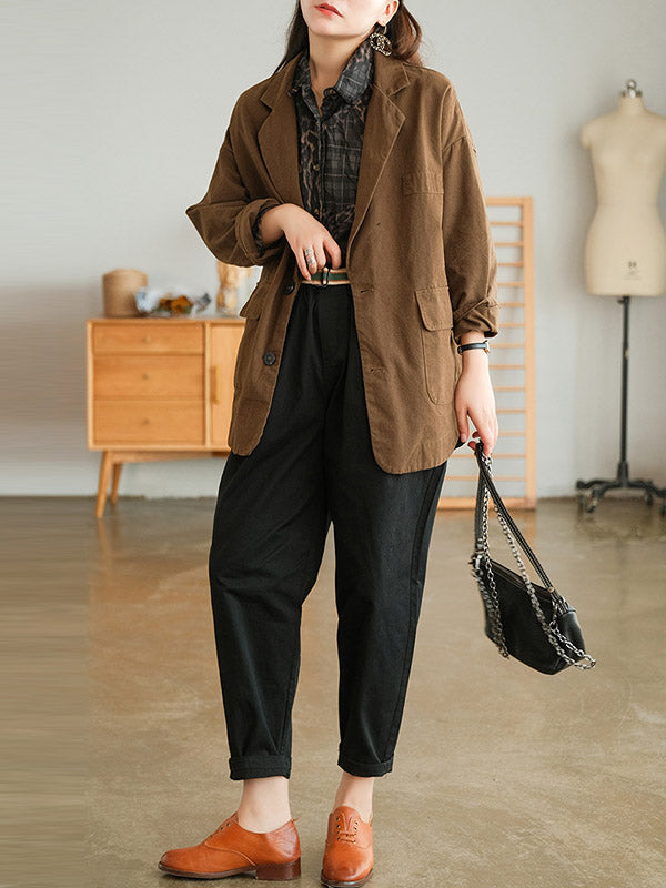 Vintage Printed Buttoned Pleated Lapel Long Sleeves Blouse Tops