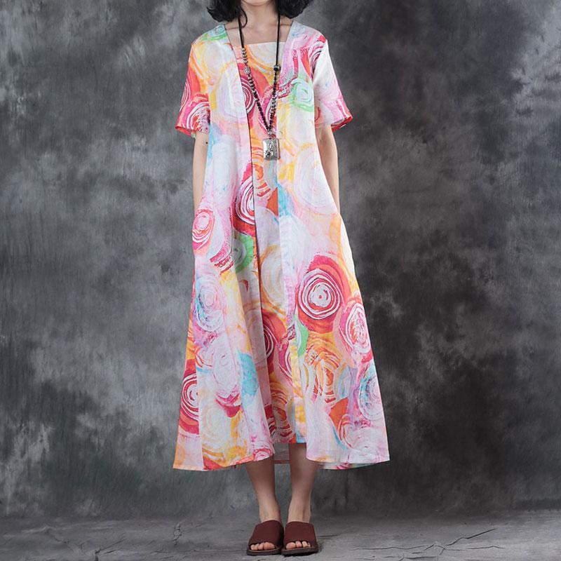 False Two-piece Short Sleeve Printed Summer Dress