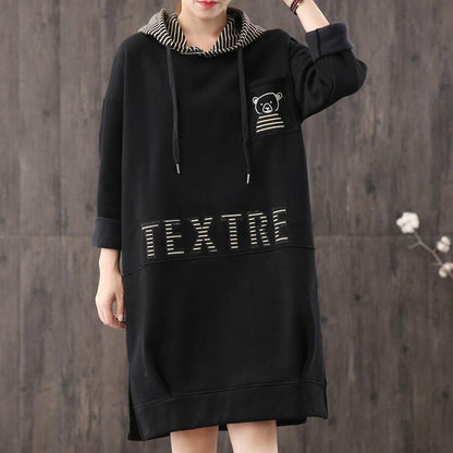 Buykud Cartoon Bear Letter Hooded Pullover Dress