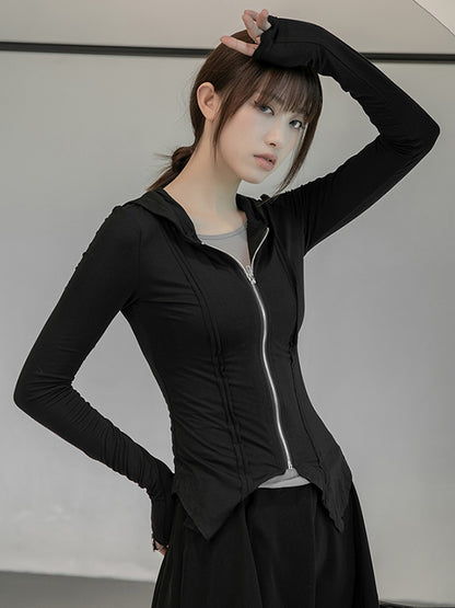 Simple Solid Color Hooded Long Sleeves Zipper Outerwear
