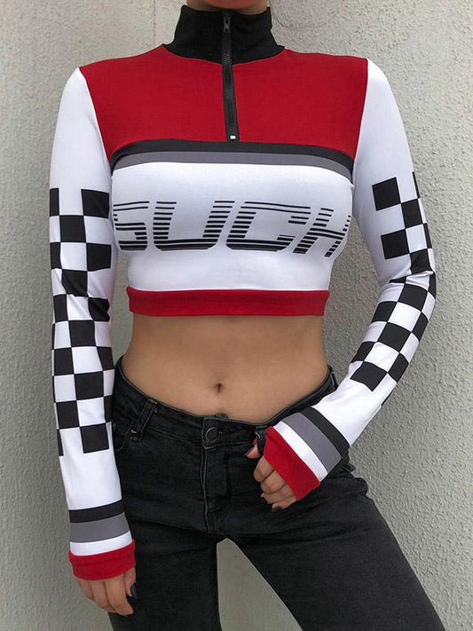 Plaid Printed Zipper Casual Tees