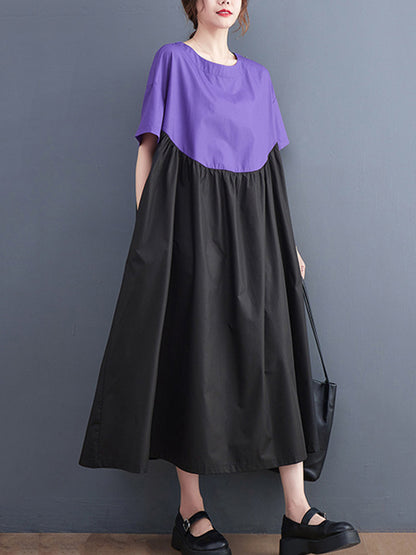 Original Loose Contrast Color Pleated Midi Dress