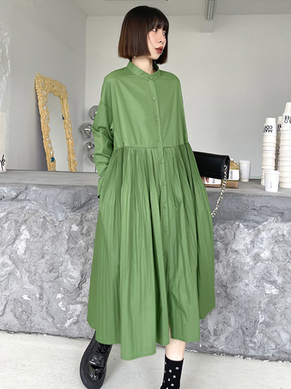 Simple Solid Color Pleated Stand Collar Midi Dress