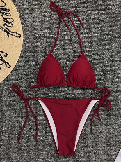 Plain Lace Up Bikini Swimsuit