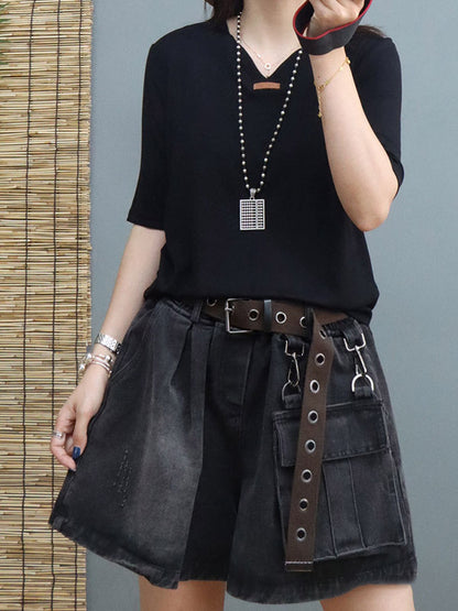 Simple Solid Color V-Neck Short Sleeves T-Shirt Tops