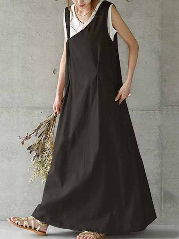 Casual Ramie Cotton Solid Color Belted V-Neck Sleeveless High-Waist One-Shoulder Strap Dress