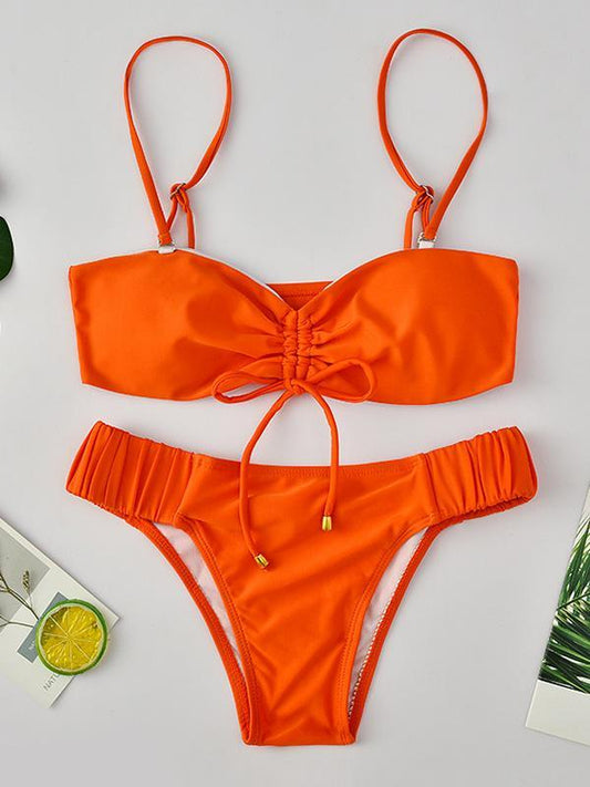 Strapless Spaghetti-Neck Drawstring Bikini Swimsuit