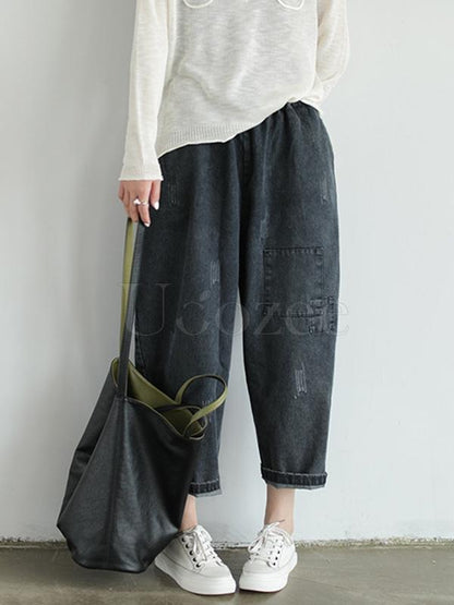 Loose Retro Patches Drawstring Ninth Harem Pants