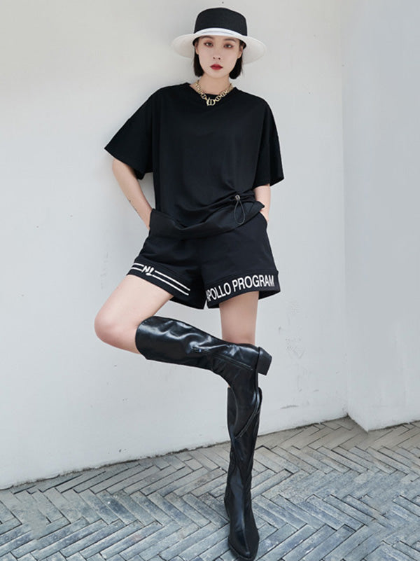 Stylish Black Asymmetric Drawstring Pleated Round-Neck Short Sleeves T-Shirts
