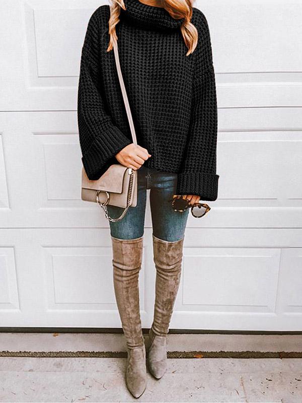 Solid Color Knitting High-neck Sweater Tops