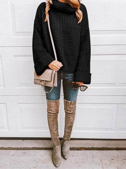 Solid Color Knitting High-neck Sweater Tops