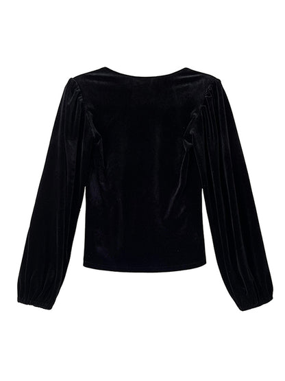 Urban Pleuche Solid Color Pleated Square-Neck Bishop Sleeves T-Shirt