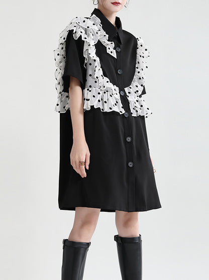 Stylish Irregular Split-Joint Polka-Dot Mesh Falbala Buttoned Lapel Collar Half Sleeves Mini Dress