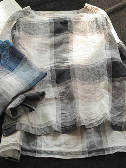 Ramie Cotton Plaid High-low Loose Fresh Shirt Top