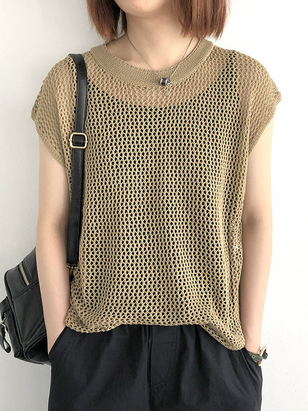 Simple Loose Solid Color Linen Hollow T-Shirt Top