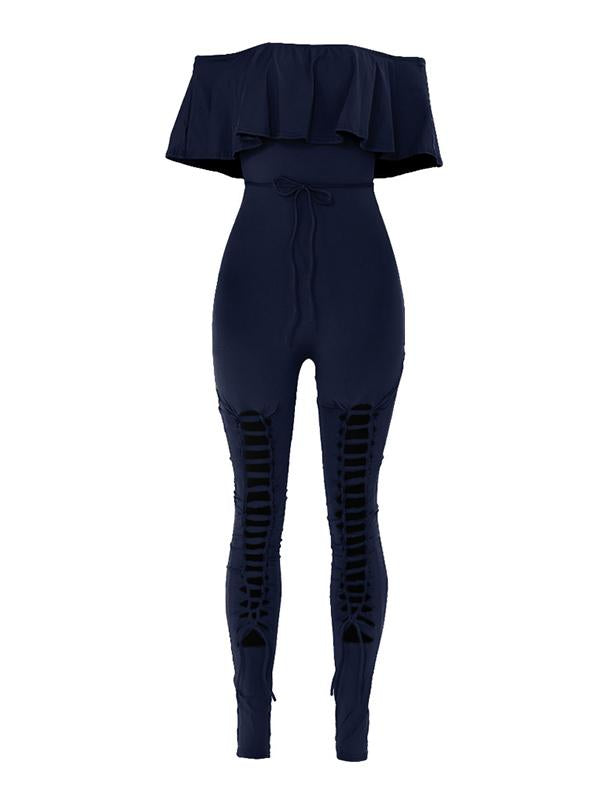 Off-The-Shoulder Lotus Leaf Sleeves Solid Sexy Jumpsuit