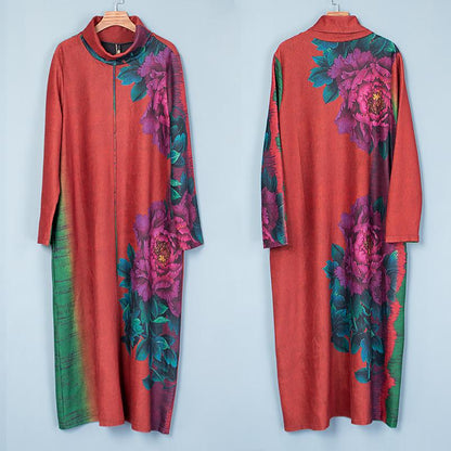 Buykud Fashion Turtleneck Floral Printed Warm Dress