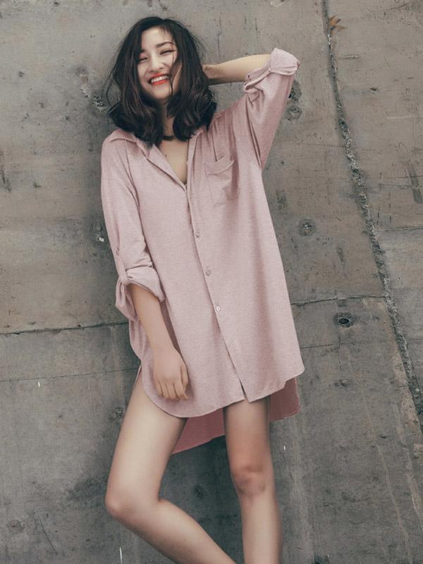 Leisure Solid Lapel Shirt Dress Pajama