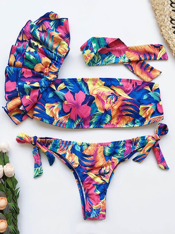 Strapless One-Shoulder Falbala Bandage Bikini Swimsuit