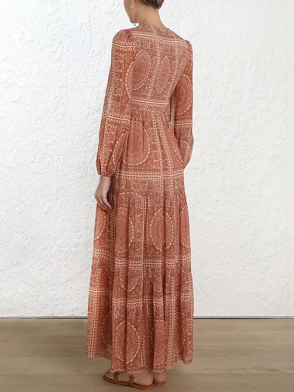 Totemic Printed Round Collar Lantern Long Sleeve Maxi Dress