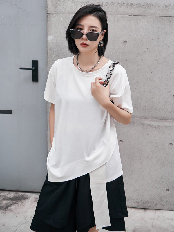 Original Black&White Asymmetric Round-Neck Short Sleeves T-Shirts