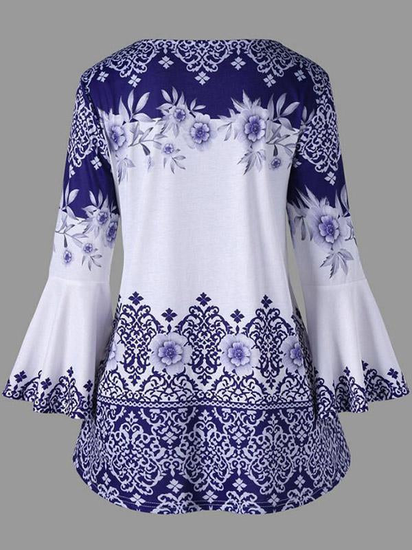 Puff Sleeves Printed A-Line  Blouses&Shirts Tops