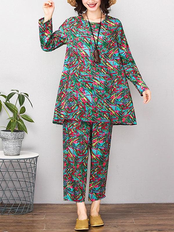 Red&Green Printed Round-neck T-shirt+Pants Suits