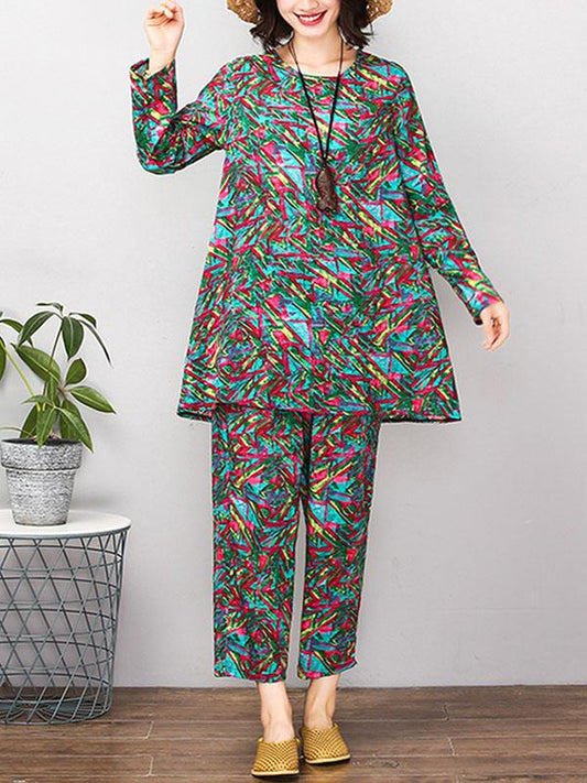 Red&Green Printed Round-neck T-shirt+Pants Suits
