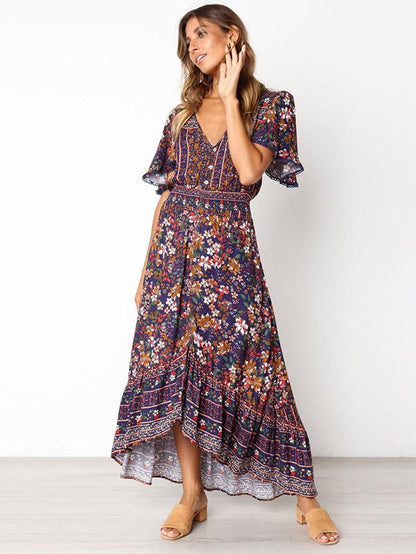 Printed Flared Sleeve Bohemian Flowers Maxi Dress
