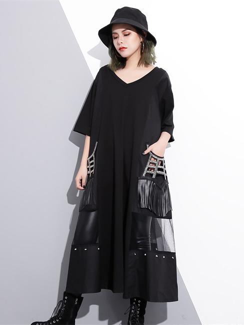 V-neck Split-joint Tasseled Shirt Midi Dresses