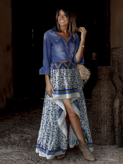 Asymmetric Printed Waisted Bohemia Skirt