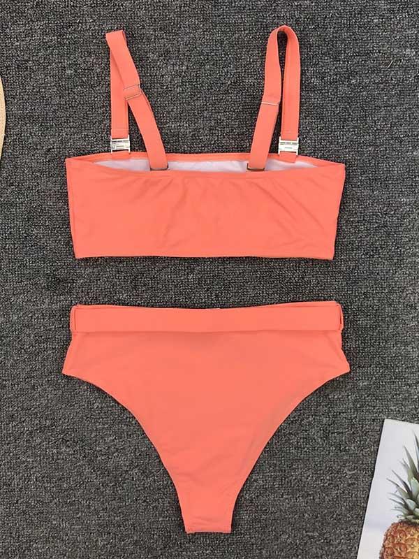 Solid Color Metal Buckle Bikini Swimsuit