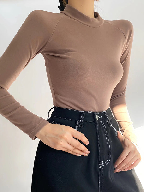 Solid Color High-Neck Long Sleeves Bodysuits