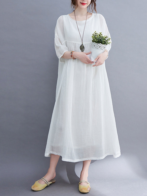 Simple Solid Color Puff Sleeve Midi Dress