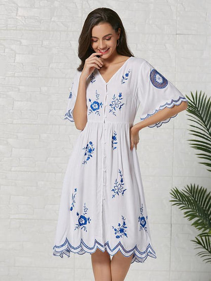 Bohemia Embroidered Hollow  Lace-trimmed Cotton Midi Dress