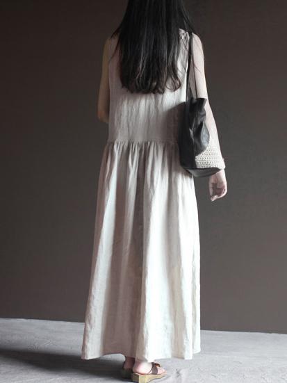 Beige Linen V-neck Sleeveless Ruffled Long Dress