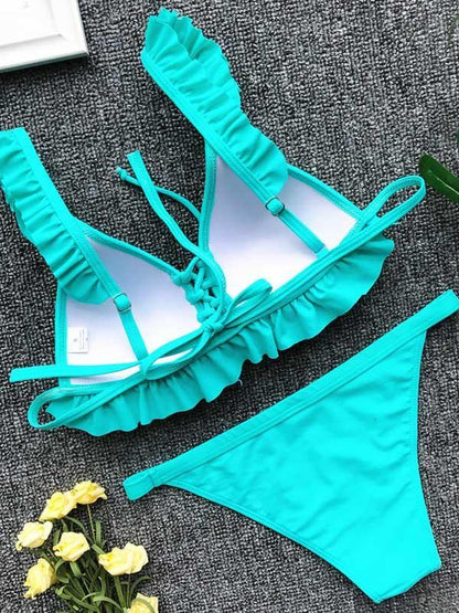 Lace Up Falbala Bikinis Swimwear