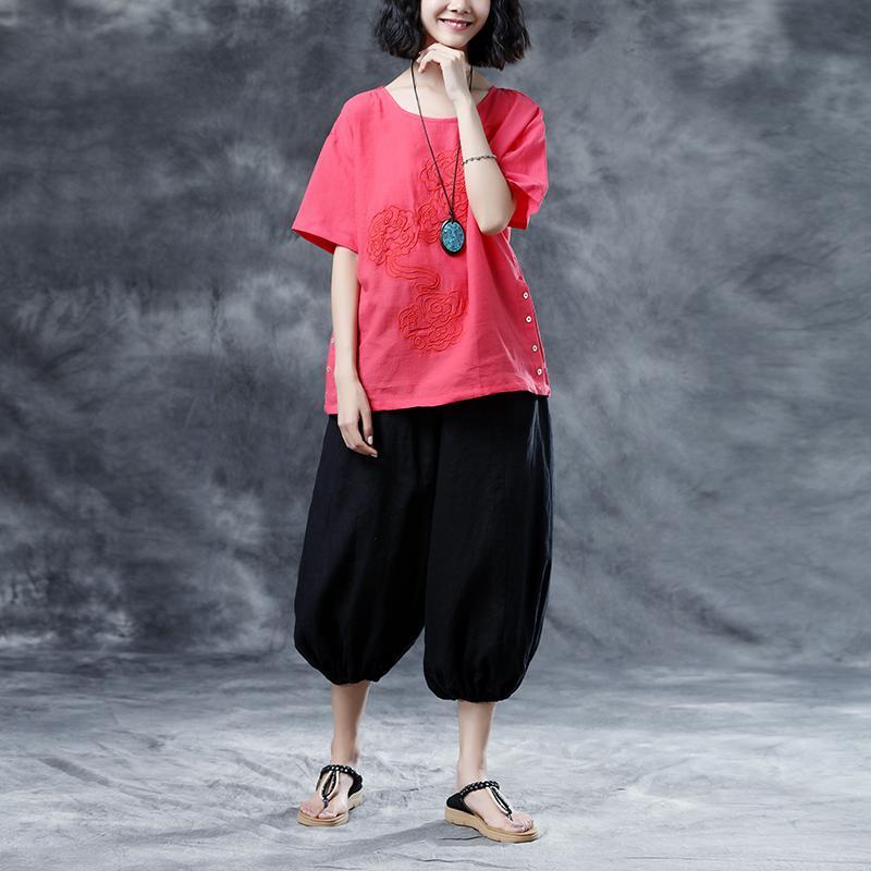 Casual Summer Short Sleeve Embroidery Red Blouse