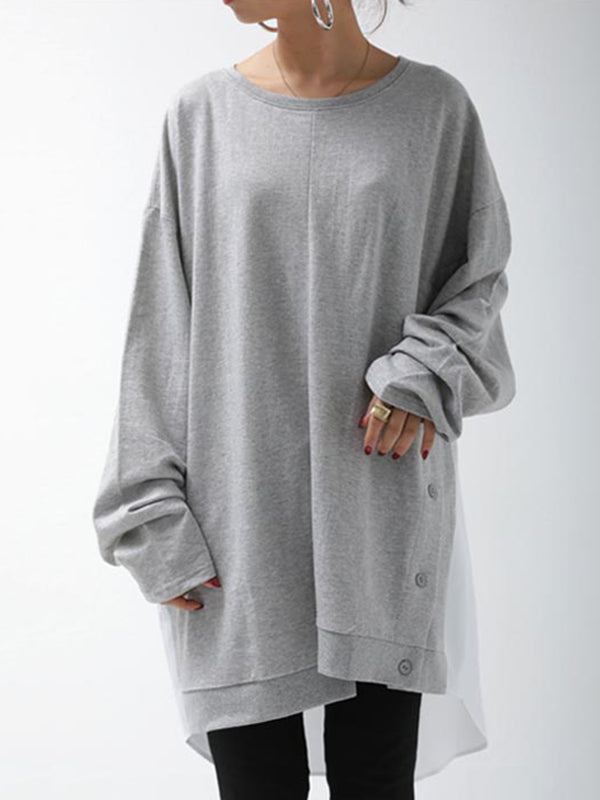 Casual Loose Color Matching Buttoned Split-Joint Split-Side High-Low Round-Neck Long Sleeves Sweatshirt