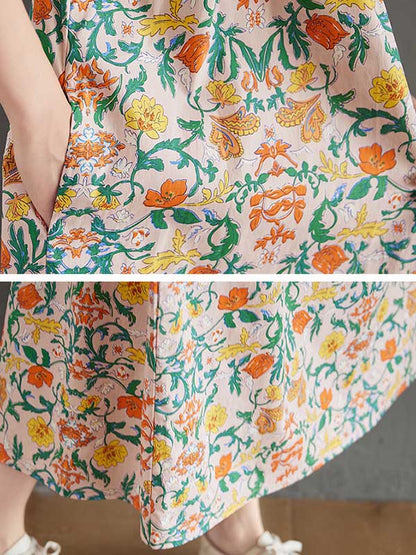 Artistic Retro Floral Printed Pleated Buttoned Lapel Collar Short Sleeves Midi Dress