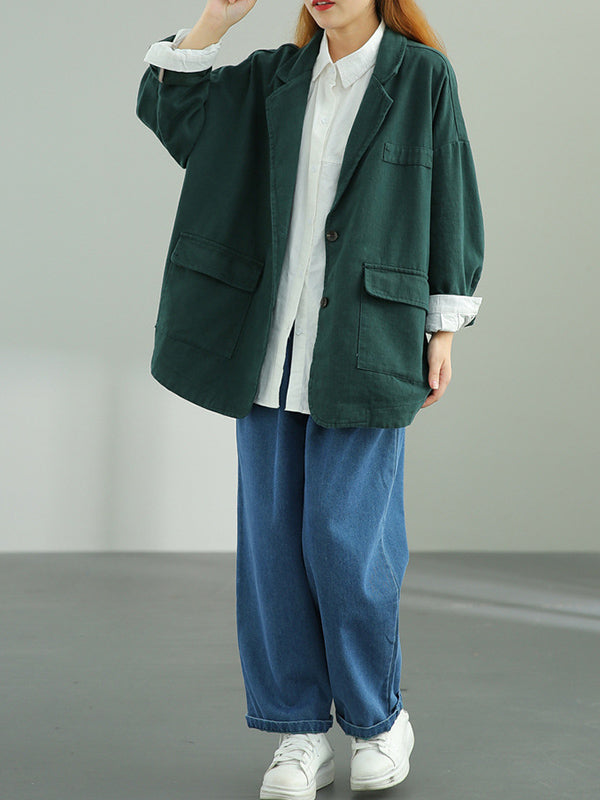 Simple Solid Color Buttoned Notched Collar Batwing Sleeve Outerwear