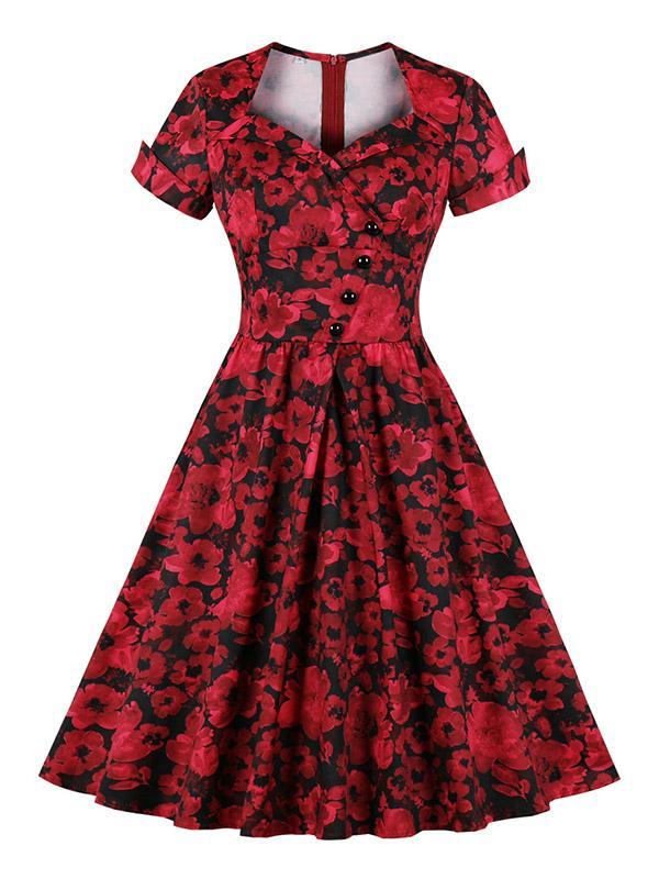 Vintage Printed Short Sleeve Midi Dresses