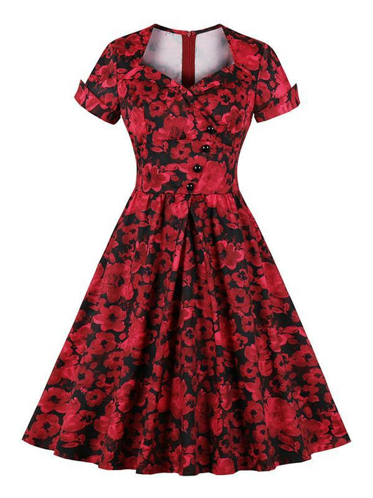 Vintage Printed Short Sleeve Midi Dresses