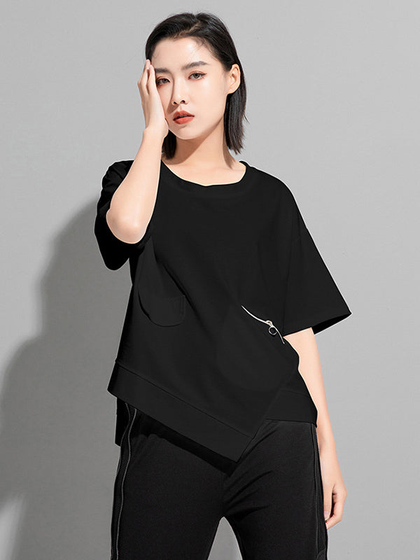 Fashion Asymmetric Irregular Clipping Split-Side Round-Neck T-Shirt