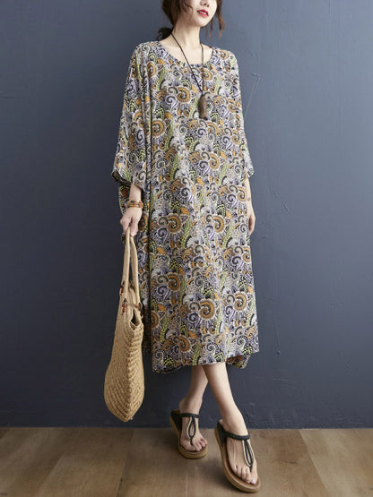Loose National Floral Printed Round-Neck Batwing Sleeves Midi Dress