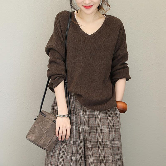 Buykud V-Neck Loose Curling Literary Casual Sweater